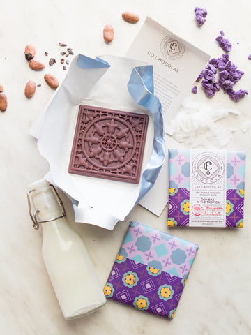 LIMITED EDITION: Ooh Bae in the Tropics - Ube (Purple Yam in White Chocolate) with Coconut Chips - Co Chocolat - Finally, Truly Healthy Chocolates
